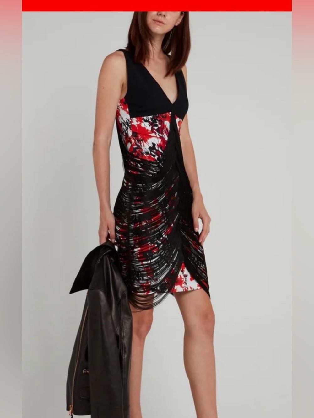 Roberto Cavalli Black and draped Red Fringe-Overlay V-Neck Dress - Picture 2 of 8